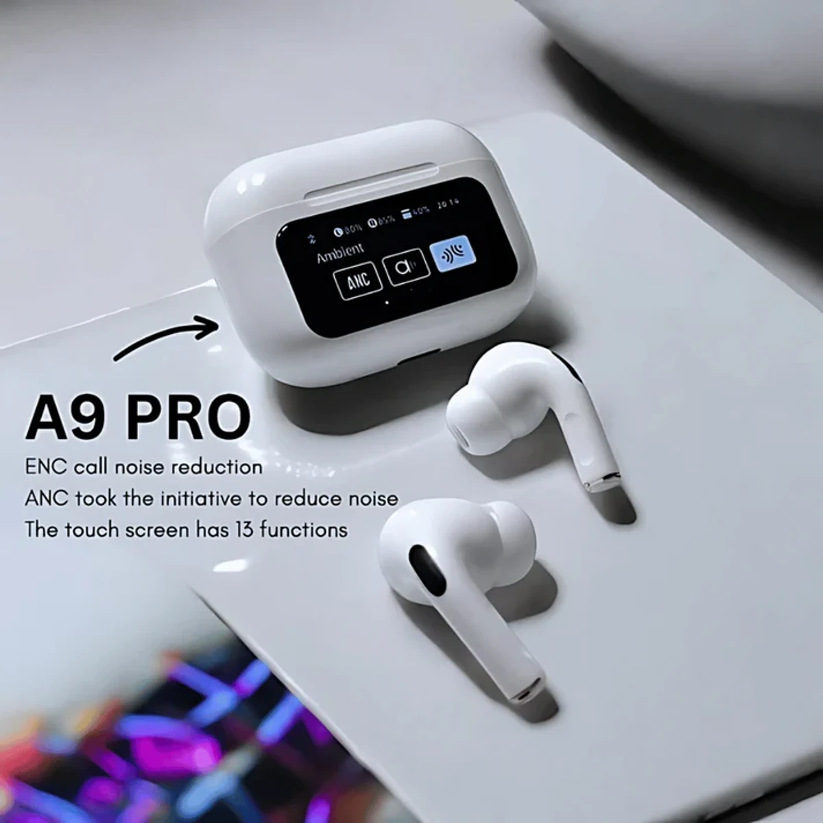 A9 PRO Anc Earbuds The Latest Anc+Enc Smart Screen Style with Multiple Language Options Earbuds